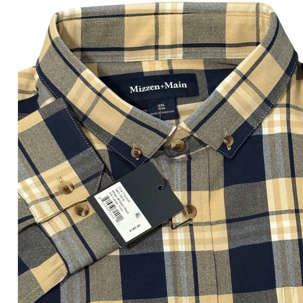 Mizzen + Main Men's XXL City Flannel Khaki William Plaid‎ Button Down Shirt